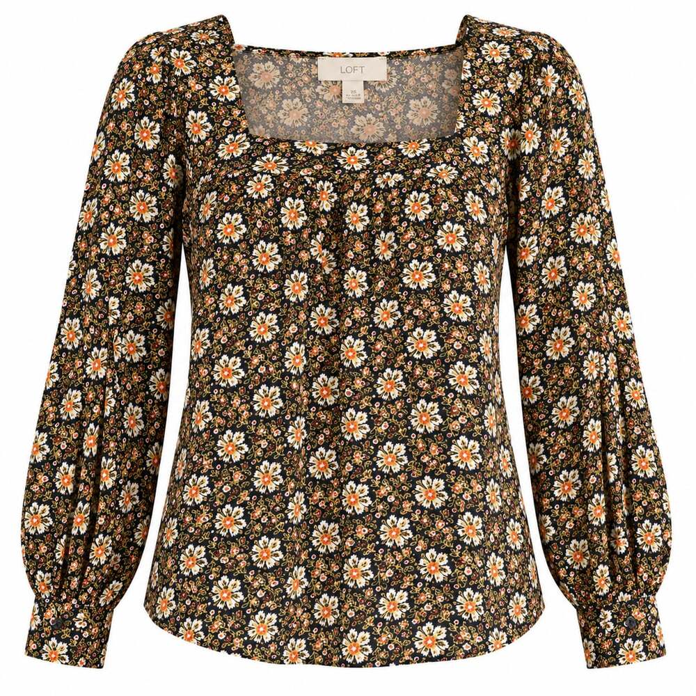 LOFT Floral Blouse Women’s XS Black Orange White Long Sleeve Boho Cottagecore